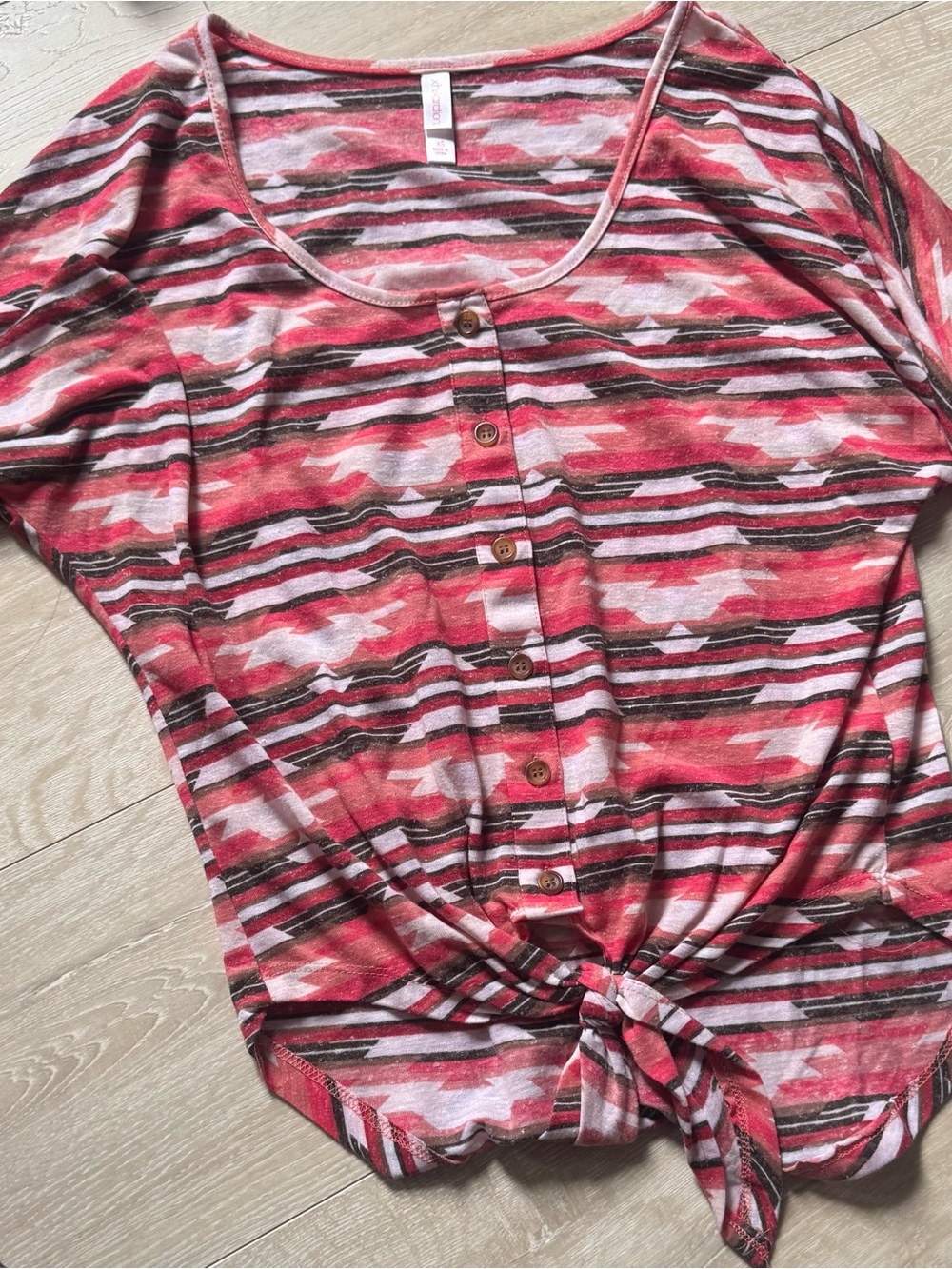 Xhilaration Pink Striped Button-Front Tie-Hem Long Sleeve Top